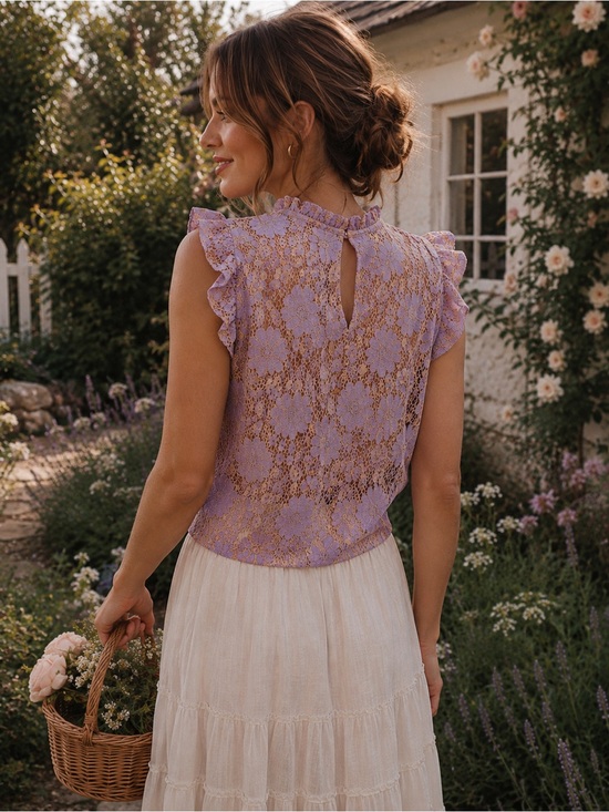 Monteau Los Angeles Tops - Monteau Los Angeles Floral Lace Ruffle Keyhole Blouse Top Lavender Tan M